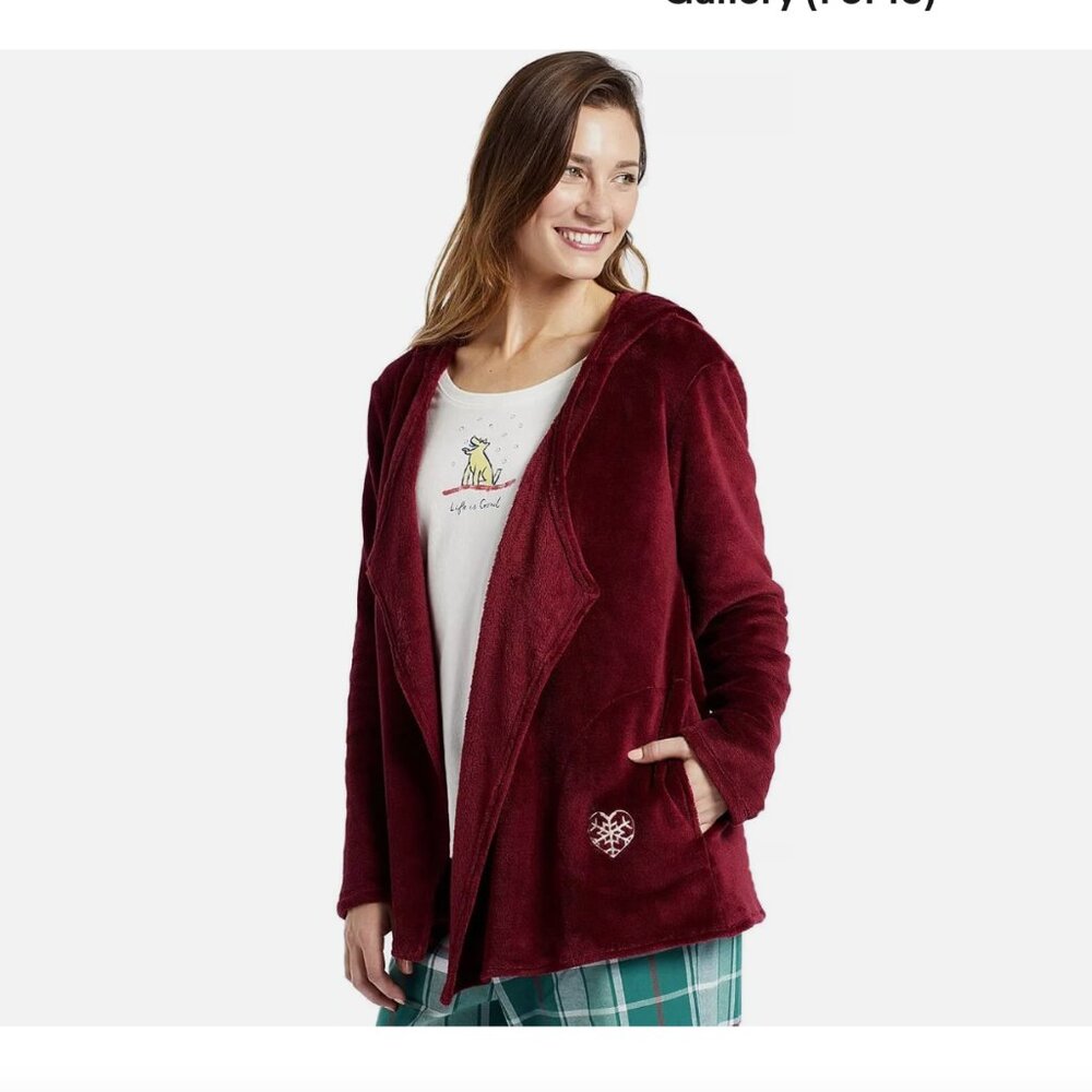 Life Is Good Cranberry Red Cozy Plush Hooded Sleep Lounge Cardigan